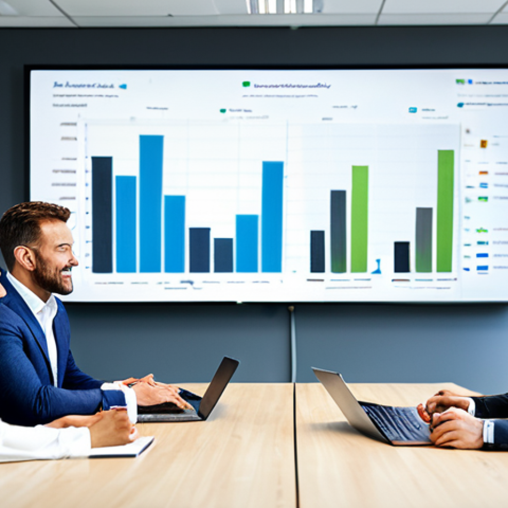 A diverse team of professional business people, fully clothed in modest business attire, collaborating around a large table in a modern, brightly lit office space. They are discussing ideas and looking at a digital screen displaying abstract growth charts and interconnected data points. The atmosphere is focused and collaborative. safe for work, appropriate content, perfect anatomy, natural pose, correct proportions, well-formed hands, natural body proportions, professional photography, high quality, family-friendly.