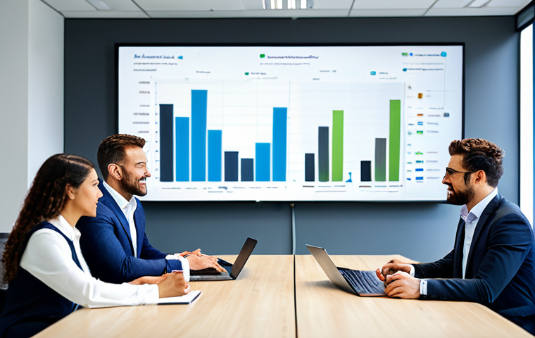 A diverse team of professional business people, fully clothed in modest business attire, collaborating around a large table in a modern, brightly lit office space. They are discussing ideas and looking at a digital screen displaying abstract growth charts and interconnected data points. The atmosphere is focused and collaborative. safe for work, appropriate content, perfect anatomy, natural pose, correct proportions, well-formed hands, natural body proportions, professional photography, high quality, family-friendly.