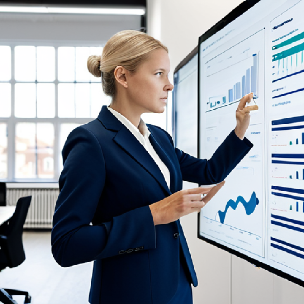 A professional female entrepreneur in a modest business suit, fully clothed, appropriate attire, reviewing complex data visualizations on a large transparent screen in a bright, modern Scandinavian startup office. She stands confidently, her expression thoughtful and focused, demonstrating leadership and strategic thinking. The office features sleek, minimalist design, with natural light streaming in, creating an atmosphere of innovation and growth. The scene emphasizes the intersection of technology and intellectual property valuation. Perfect anatomy, correct proportions, natural pose, well-formed hands, proper finger count, natural body proportions, professional photography, high quality, safe for work, appropriate content, family-friendly.