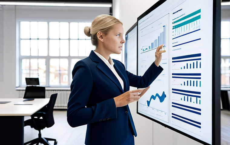 A professional female entrepreneur in a modest business suit, fully clothed, appropriate attire, reviewing complex data visualizations on a large transparent screen in a bright, modern Scandinavian startup office. She stands confidently, her expression thoughtful and focused, demonstrating leadership and strategic thinking. The office features sleek, minimalist design, with natural light streaming in, creating an atmosphere of innovation and growth. The scene emphasizes the intersection of technology and intellectual property valuation. Perfect anatomy, correct proportions, natural pose, well-formed hands, proper finger count, natural body proportions, professional photography, high quality, safe for work, appropriate content, family-friendly.