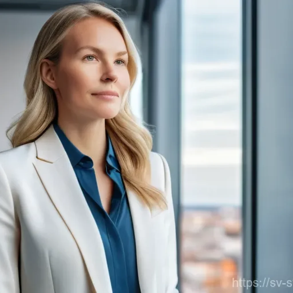 스타트업 가치 평가에 있어 창업자의 역할 - A determined young Swedish female entrepreneur, in her late 20s, stands confidently in a modern, min...