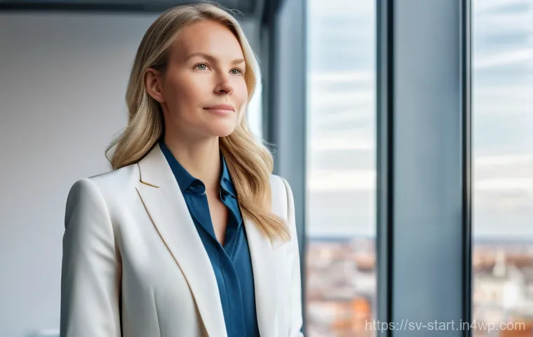 스타트업 가치 평가에 있어 창업자의 역할 - A determined young Swedish female entrepreneur, in her late 20s, stands confidently in a modern, min...