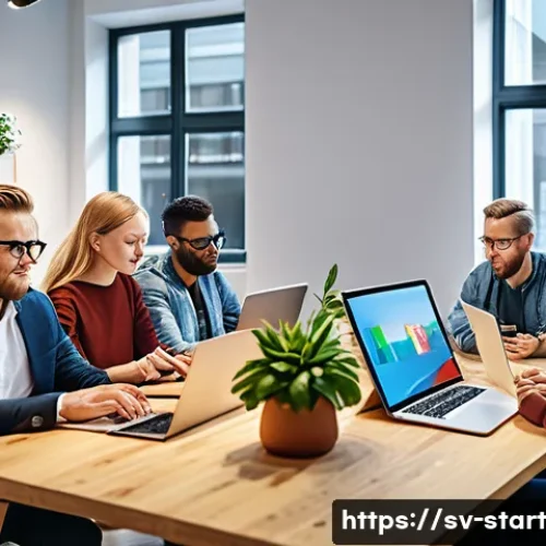 Home 33 스타트업 가치 평가와 투자자 리턴 - A modern Swedish startup office scene showing a diverse team of young professionals collaborating ar...