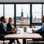 Home 19 스타트업 가치 평가의 일반적인 오류 - A detailed business meeting scene in a modern Stockholm office, featuring a diverse group of startup...