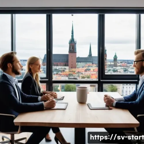 Home 31 스타트업 가치 평가의 일반적인 오류 - A detailed business meeting scene in a modern Stockholm office, featuring a diverse group of startup...
