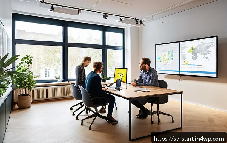 스타트업 가치 평가와 사용자 경험 - A modern Scandinavian office environment with a diverse team of professionals collaborating around a...