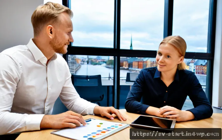 Home 17 스타트업 가치 평가에서의 경쟁 분석 - Photorealistic Scandinavian startup valuation meeting in a bright Stockholm office, two diverse entr...