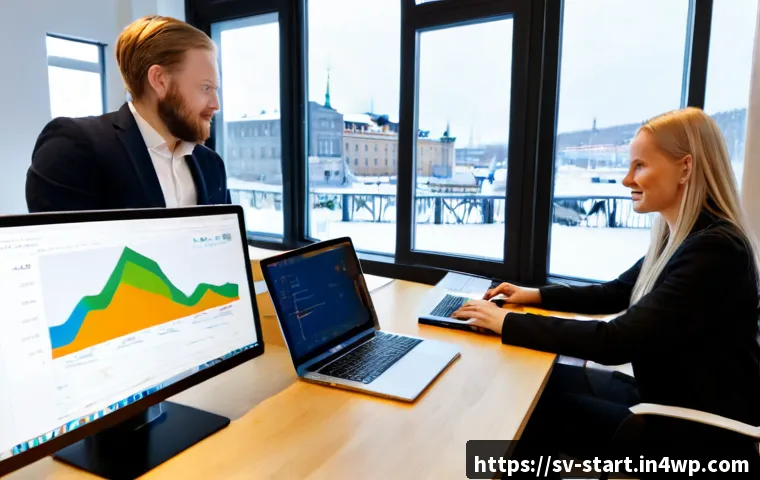 Home 17 스타트업 가치 평가의 불확실성 관리 - Photorealistic Swedish startup founders and a financial advisor in a bright Stockholm coworking offi...