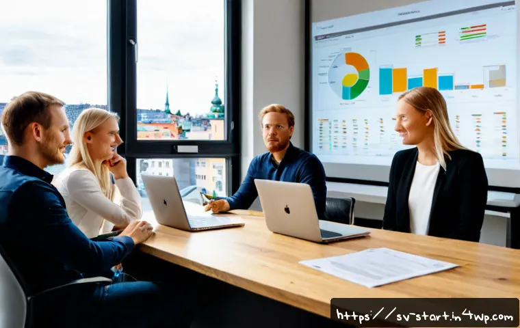 Home 17 스타트업 가치 평가와 시나리오 분석 - Photorealistic Swedish startup valuation meeting in a bright modern Stockholm office, diverse founde...